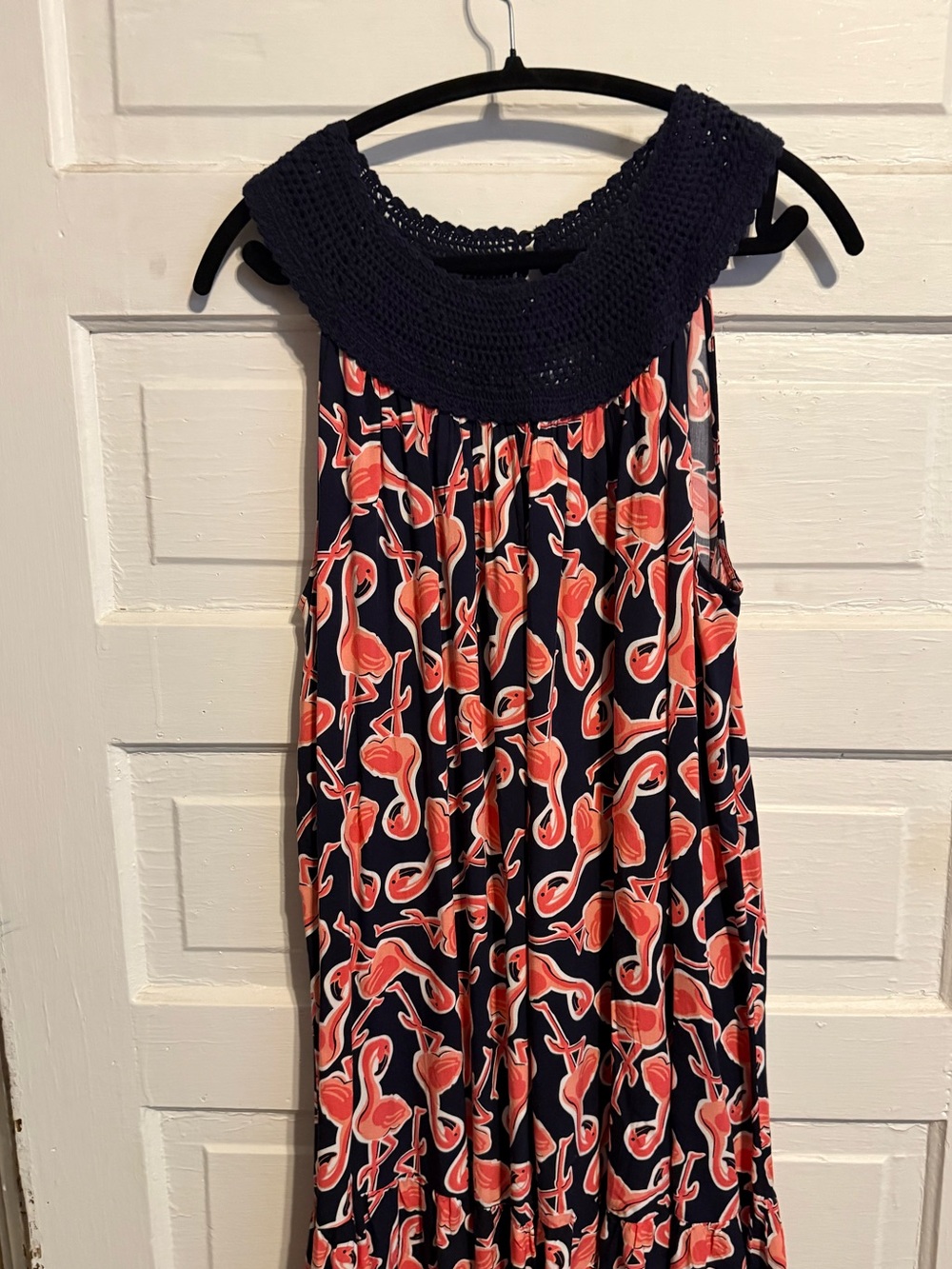 Navy Crochet Yoke Flamingo Print Maxi Dress by Crown and Ivy sz Lg.